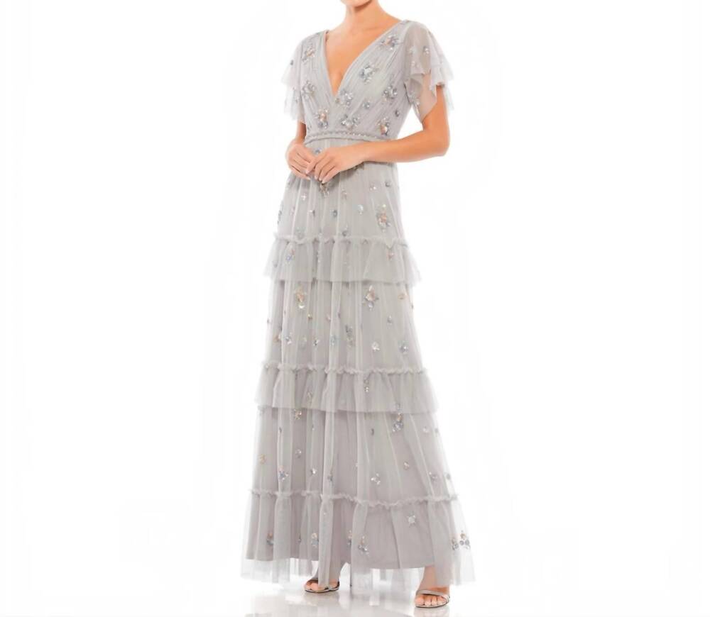 NEW MAC DUGGAL embellished tiered gown in platinum grey